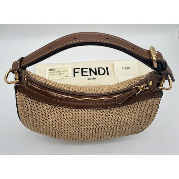 NEW FENDI FF FENDIGRAPHY SUMMER RAFFIA LEATHER SMALL HOBO BROWN LEATHER BAG NWT! - Picture 8 of 15